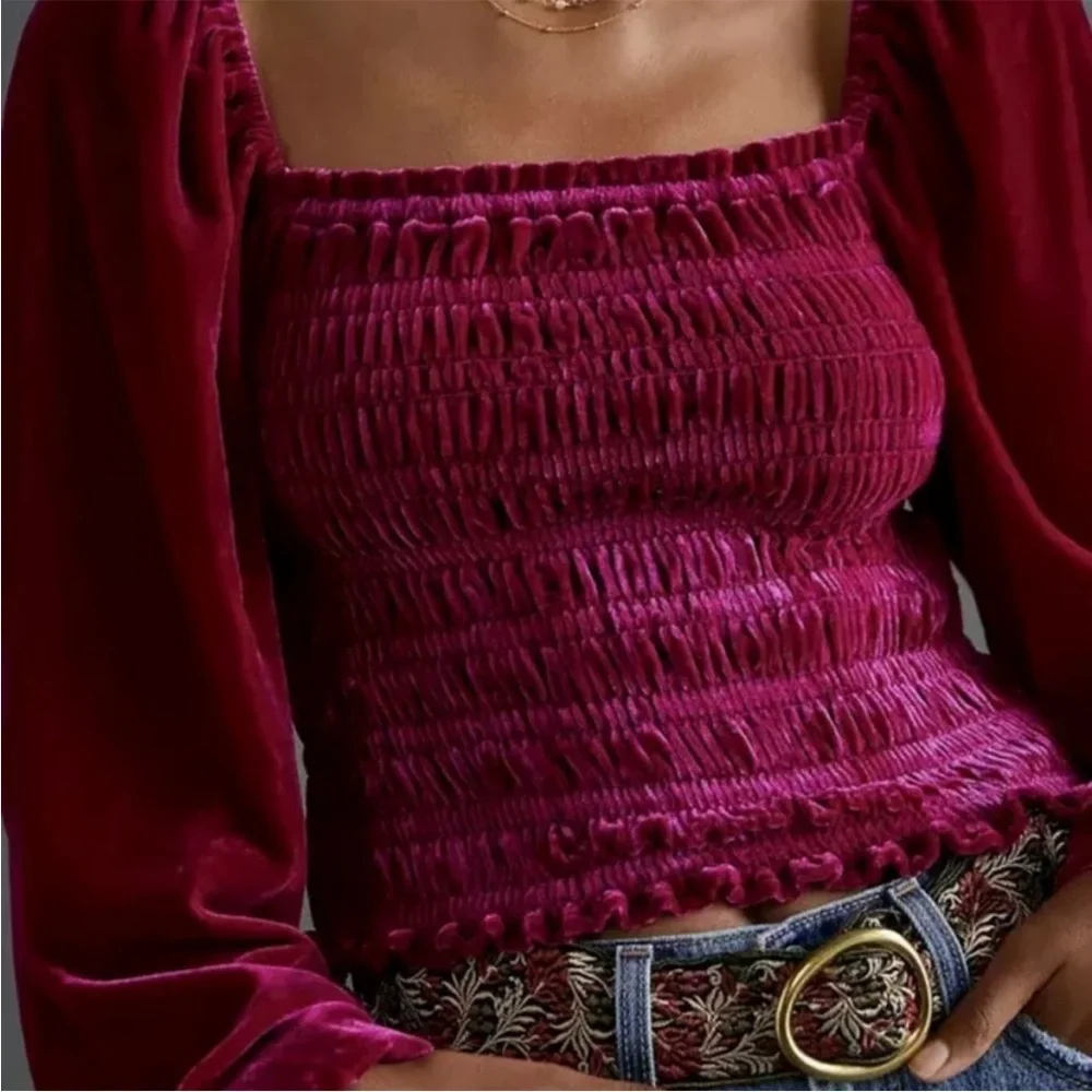 Anthropologie Velvet Smocked Puff Sleeve Peasant Top In Pink/Rose NWT Size Large
